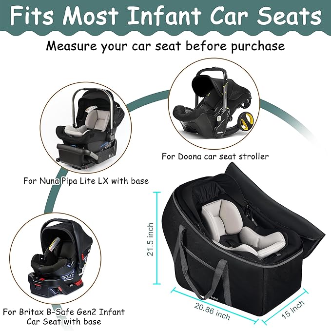 Infant Car Seat Travel Bag Fit Nuna Pipa All Model Car Seat and Base, Fit Doona Baby Stroller, Padded Car Seat Bags for Air Travel, Gate Check Bag with Side Pocket, 5 Protective Feet, Storage Bag-BubblyBeeBaby