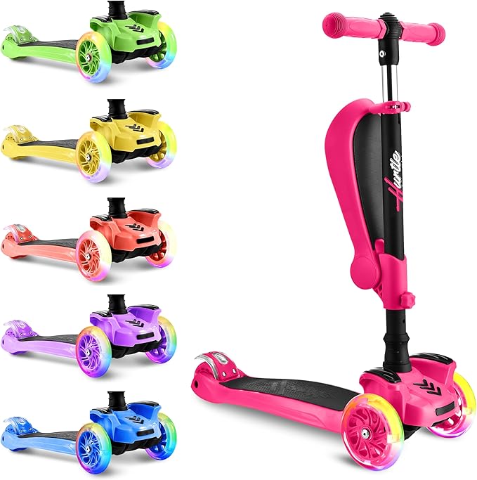 Hurtle 3-Wheeled Scooter for Kids - Wheel LED Lights, Adjustable Lean-to-Steer Handlebar, and Foldable Seat - Sit or Stand Ride with Brake for Boys and Girls Ages 1-14 Years Old-BubblyBeeBaby
