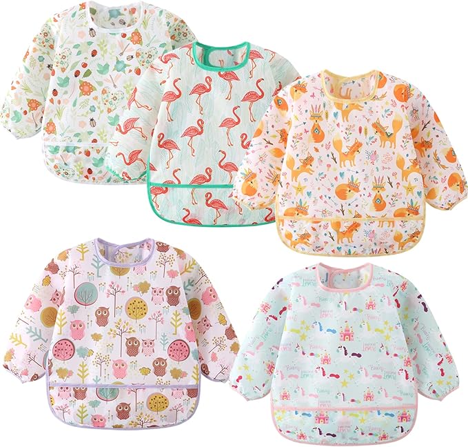 5 Pack Long Sleeve Bib,Baby Toddler Waterproof Sleeved Bib for 6-30 Months Reusable with Catch-all Pocket-BubblyBeeBaby
