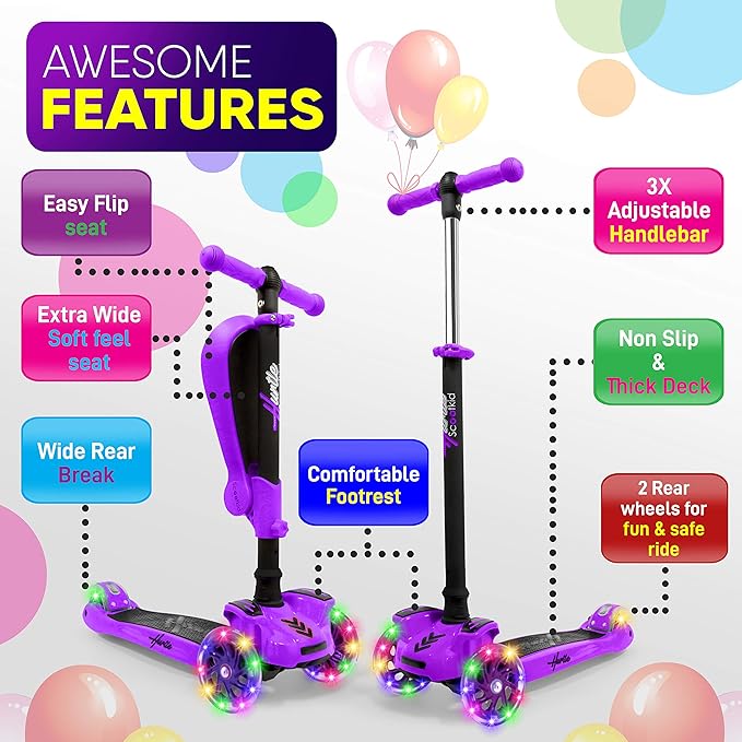 Hurtle 3-Wheeled Scooter for Kids - Wheel LED Lights, Adjustable Lean-to-Steer Handlebar, and Foldable Seat - Sit or Stand Ride with Brake for Boys and Girls Ages 1-14 Years Old-BubblyBeeBaby