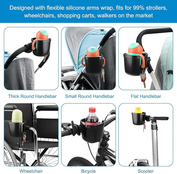 Accmor Stroller Cup Holder, Universal Cup Holder with Silicone Gooseneck Arm, Bike Cup Holder, 360° Rotatable Large Caliber Drinks Holder for Stroller, Bike, Wheelchair, Walker-BubblyBeeBaby