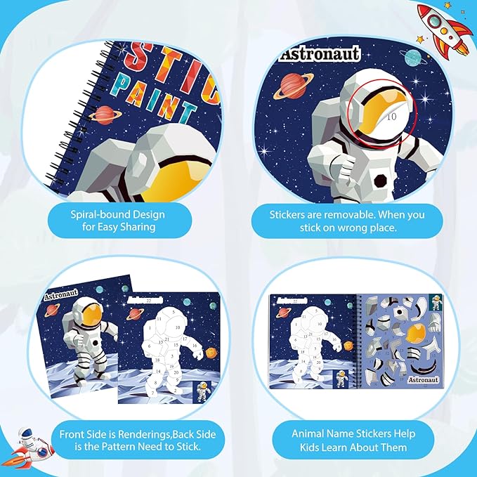 homicozy 4PCS Sticker Paint Books for Kids Ages 4-10,Dinosaur Astronaut Ocean Animals Designs Paint by Stickers,Sticker by Numbers,Party Birthday Gifts for Boys 4-10,Create 40 Pictures at a Time-BubblyBeeBaby