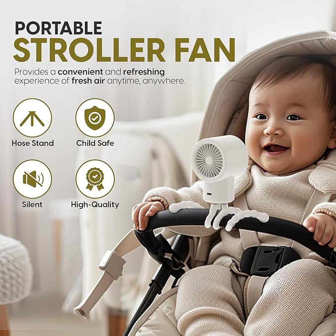 Portable Mini Travel Stroller Fan - Battery Operated, Clip On, Small, Handheld, Rotating, Rechargeable, Personal Fan with Flexible Tripod, 3 Speeds for Baby Crib, Bed Car, Seat Treadmill-BubblyBeeBaby