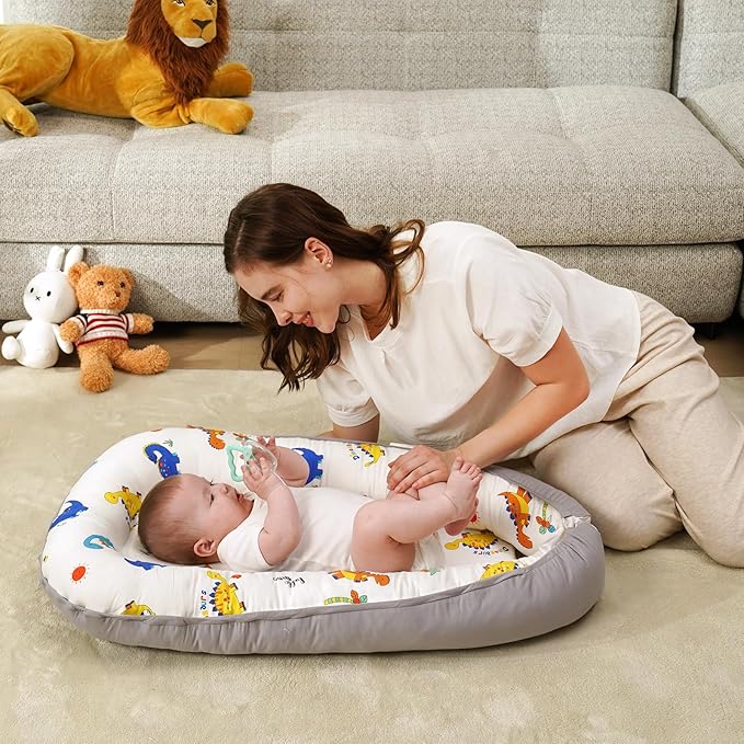 HKAI Baby Lounger – Soft Cotton Infant Floor Seat for Newborn to 24 Months, Portable Baby Essentials for Boys & Girls, Travel-Friendly Baby Lounge Pillow-BubblyBeeBaby