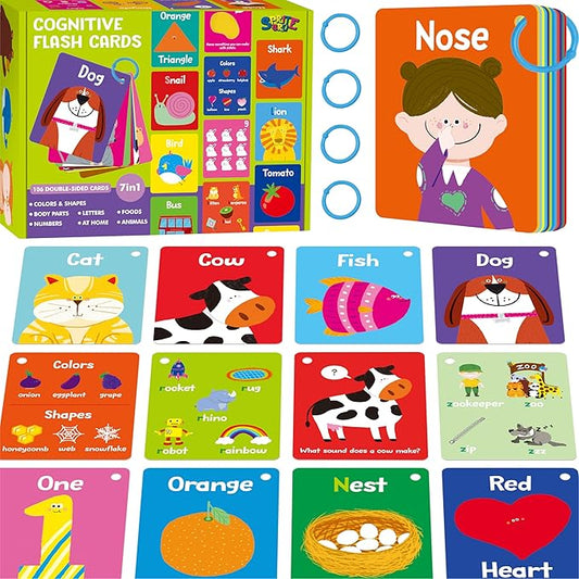 110 PCS Early Learning Flashcards, Double Sided Cards- Alphabet, Numbers, Foods, Animals, Shapes, Colors, Home Object with 4 Reclosable Rings, Learning Tool for Pre-K Kindergarten Toddlers-BubblyBeeBaby