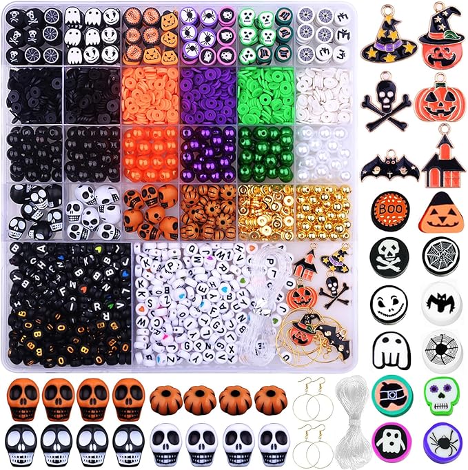 2088pcs Halloween Polymer Clay Beads Bracelet Making kit, 24 Style Cute Fun Beads Skull Pumpkin Beads Charms for Jewelry Necklace Earring Making DIY Accessories for Women Girls-BubblyBeeBaby