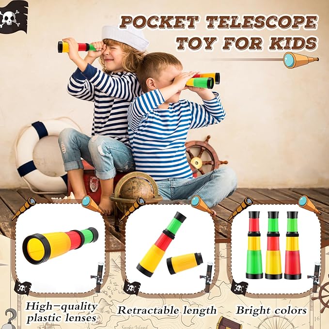 24 Pcs Plastic Pirate Telescope for Pirate Party Favors Portable Pocket Educational Science Spyglass Mini Monocular for Pirate Birthday Party Supplies Halloween Treasure Hunt-BubblyBeeBaby