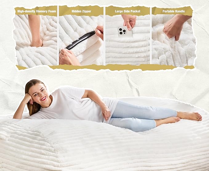 Hobestluk 6FT Bean Bag Chairs Adult Bean Bag with Portable Handle Comfy Large Bean Bag Lounge Chair with Removable Cover for Living Room Bedroom (Stripe White, 6FT)-BubblyBeeBaby