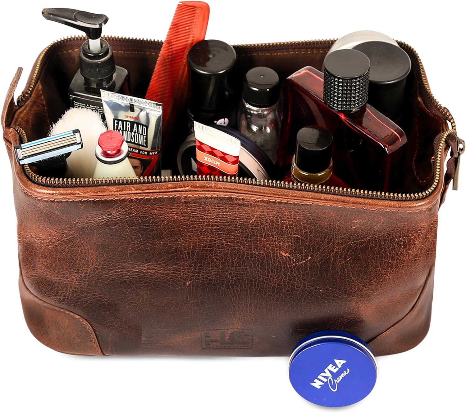 HLC Leather Toiletry Bag for Men - Best Gift for Men - Premium Genuine Leather Dopp Kit Shaving Kit Organizer Travel Kit Pouch Bag for Men - Large Size - Rustic Brown