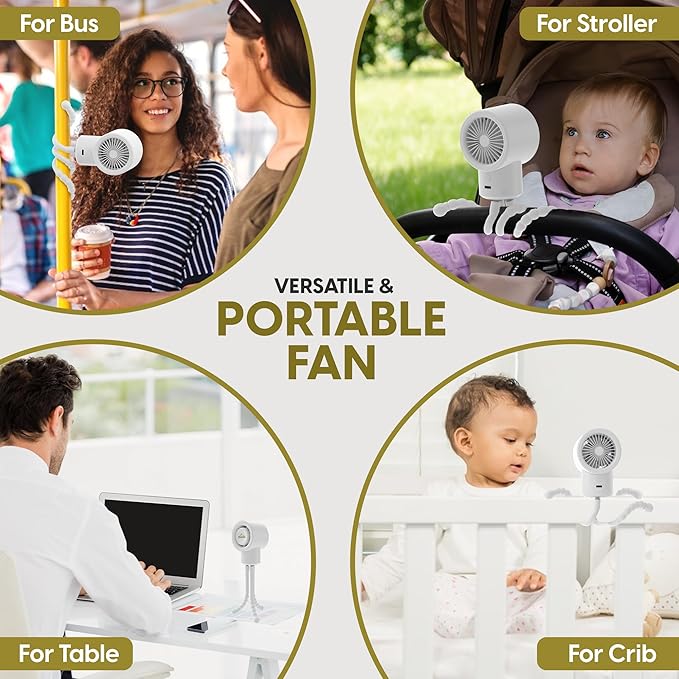 Portable Mini Travel Stroller Fan - Battery Operated, Clip On, Small, Handheld, Rotating, Rechargeable, Personal Fan with Flexible Tripod, 3 Speeds for Baby Crib, Bed Car, Seat Treadmill-BubblyBeeBaby