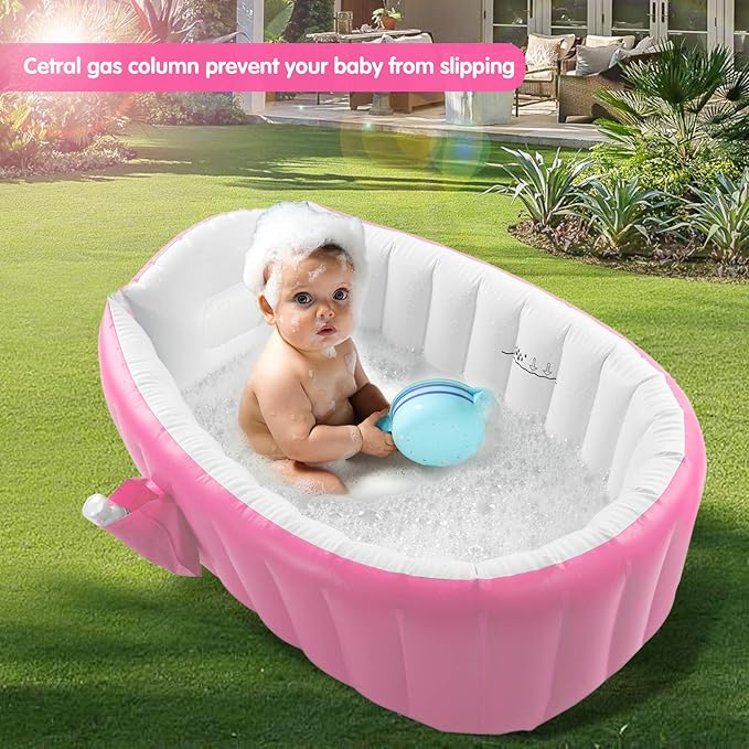 Inflatable Baby Bathtub, Portable Infant Toddler Bathing Tub Non Slip Travel Bathtub Mini Air Swimming Pool Kids Thick Foldable Shower Basin with Air Pump, Pink-BubblyBeeBaby