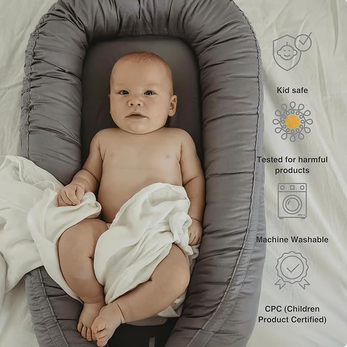 Infant Lounger, Baby Nest Cover for Baby Girls & Boys, Newborn Essentials for Baby 0-18 Months, 100% Cotton Breathable (Slate_Gray)-BubblyBeeBaby