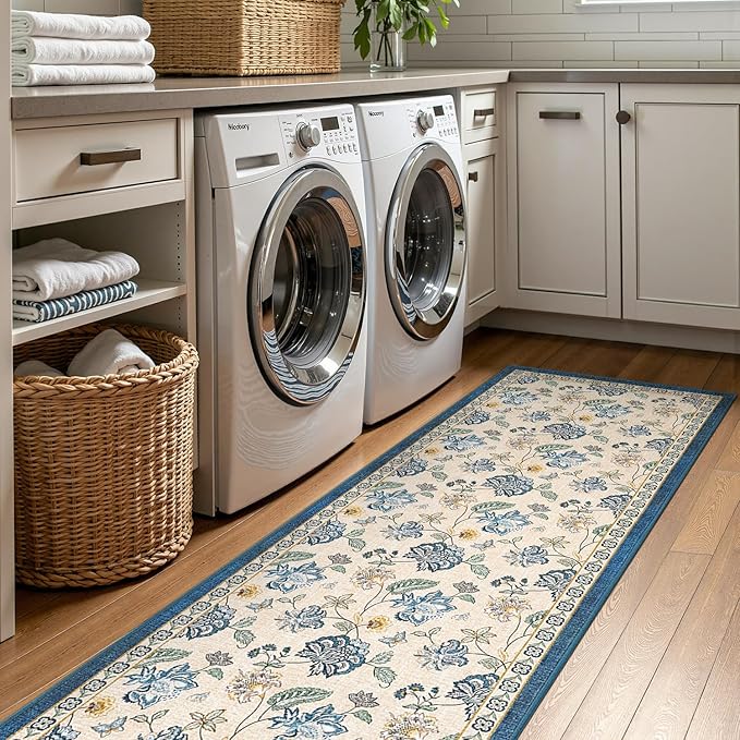 jinchan 3x8 Floral Runner Rug for Hallway Washable Kitchen Runner Vintage Romance Design Non Slip Thin Indoor Floor Cover Low-Profile Throw Carpet for Entryway Bathroom Bedroom Porch, Blue/Beige-BubblyBeeBaby