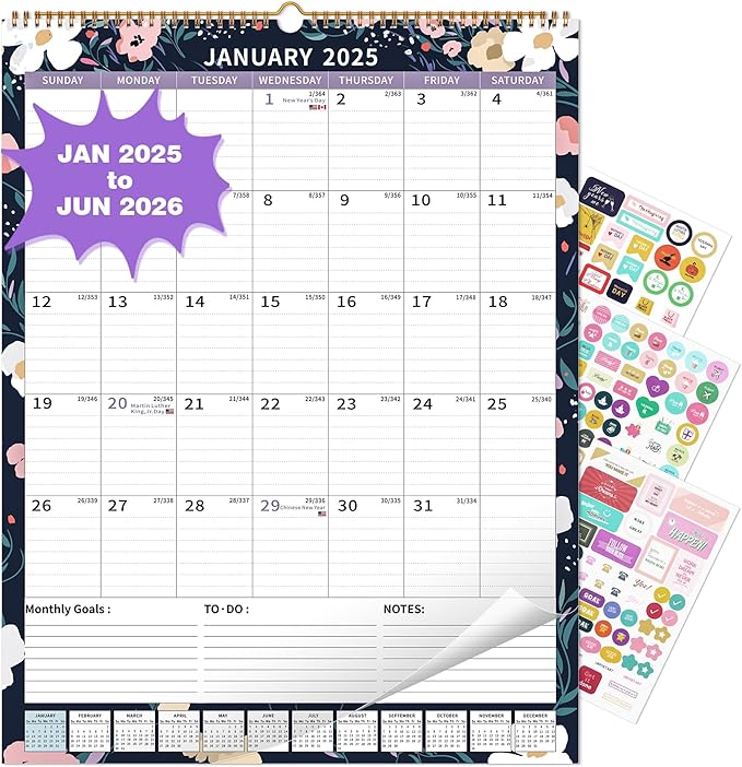 2025 Calendar, Wall Calendar 2025-2026 (17"x22") with Lines, Monthly Calendar from Jan 2025 to Jun 2026, Vertical Large Monthly Family Calendar 2025 for Wall, Calendario 2025-BubblyBeeBaby