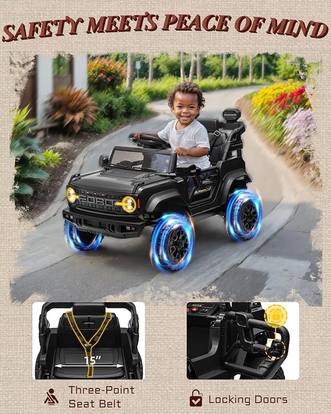 12V Ride on Toys for Kids, Licensed Ford Bronco Raptor Children Electric Vehicles, Toddler Battery Powered Car with Double Doors, 3 Point Safety Belt, Led Lights (12V, Black)-BubblyBeeBaby