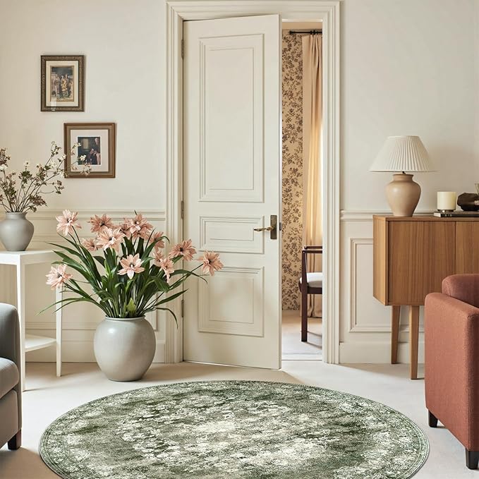 jinchan Round Rug 6ft Area Rug - Green Vintage Floor Mat Kitchen Indoor - Washable Circle 6' Thin Floral Print Carpet Retro Farmhouse Non Slip Dining Room Living Room Bedroom Office-BubblyBeeBaby