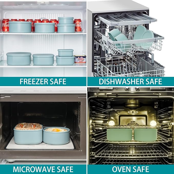 100% Silicone Food Storage Containers with Lids, 8 Pack, 10oz to 51oz, Reusable Leakproof Nesting & Stackable Silicone Bento Lunch Box, Microwave Freezer Dishwasher Oven Safe, BPA Free, Slate Green-BubblyBeeBaby