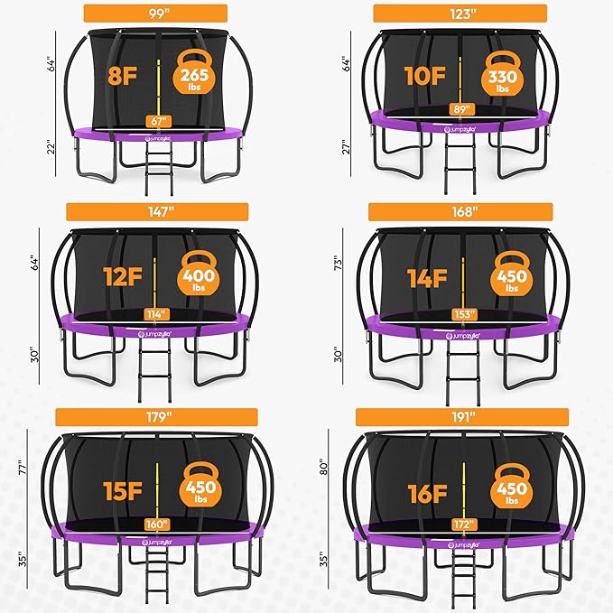 JUMPZYLLA Trampoline Outdoor 8FT 10FT 12FT 14FT 15FT 16FT with Enclosure and Ladder, ASTM Approved Recreational Trampoline for Kids and Adults, Anti-Rust Coated Frame-BubblyBeeBaby