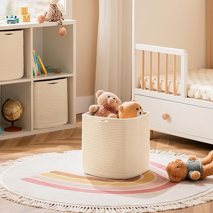 joybest Cube Storage Bins Set of 4, 13inch Cube Baskets Organizer for Nursery, Square Cotton Rope Baskets for Shelves Organizing, Kids Toy, Closet Storage, Beige-BubblyBeeBaby