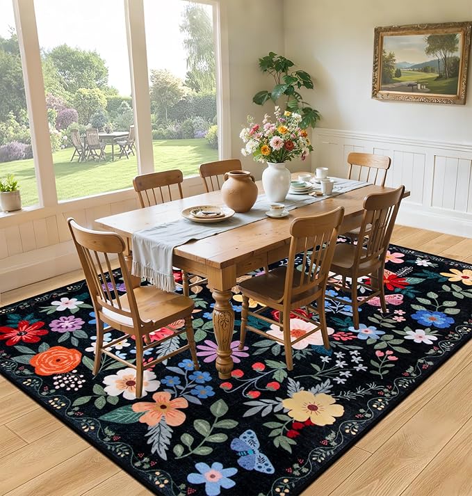 10x14 Area Rugs for Living Room: Floral Washable Rug Vintage Large Soft Boho Non-Slip Carpet Stain Resistant Low Pile Carpets for Bedroom Dining Room Farmhouse Nursery Hallway Home Office Black-BubblyBeeBaby