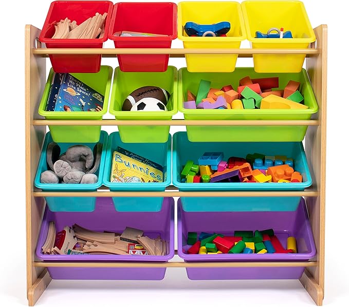 Humble Crew Kids Toy Storage Organizer with 12 Plastic Bins, Natural Wood/Rainbow – Removable Bins for Playroom, Bedroom, Toddler Furniture for Boys and Girls Ages-BubblyBeeBaby