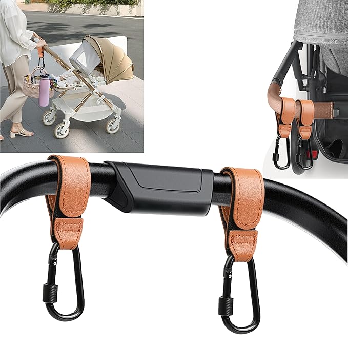 3 Pcs Baby Stroller Hook, Carry 20 lbs per Stroller Carabiner Clip, Adjustable Baby Stroller & Car Seat Hook for Hanging Diaper Bag, Wheelchair, Shopping and Pet Cart(Leather)-BubblyBeeBaby