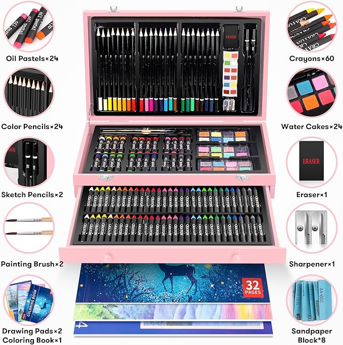iBayam Arts and Crafts Gifts for Kids 6-14 Year, Teens Girls Christmas Gifts, 150-Pack Art Set Kits with 2 Sketch Pads, Coloring Book, 24 Colored Pencils, 24 Oil Pastels, 24 Watercolor, 60 Crayons-BubblyBeeBaby