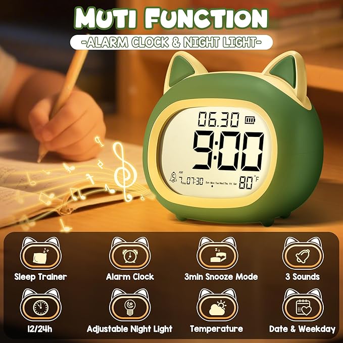 Kids Alarm Clock with Night Light for Kids, Small Digital Alarm Clocks for Bedrooms, Routine Builder, Cute Cat Alarm Clock with Sleep Training, Snooze, 12/24H, Date & Day, Temperature, USB Port-BubblyBeeBaby