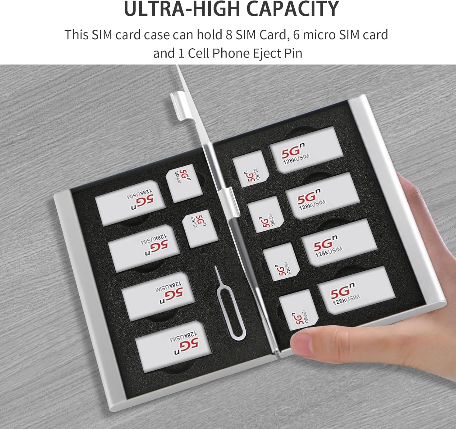 Aluminum SIM Card Case, 15Slots Ultrathin SIM Card Holder, Fit for 8 SIM Card, 6 Micro sim Card, and 1 Cell Phone Eject Pin Slots, Silver