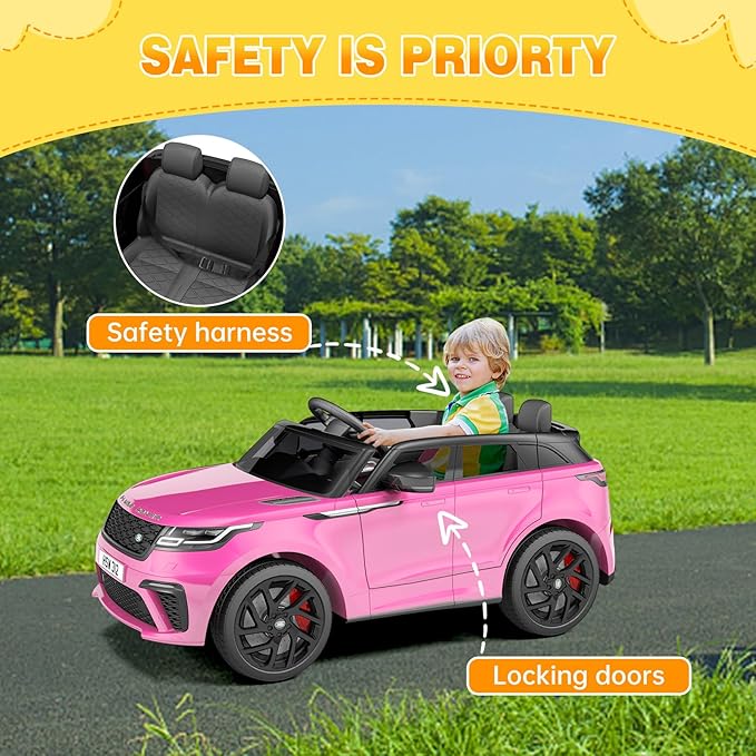 Hetoy Kids Ride On Car with Remote, Licensed Land Rover Kids Electric Car, Ride On Toys for Kids 3-8 with Mp3 Player, Rocking, Pull Rod, Pink-BubblyBeeBaby