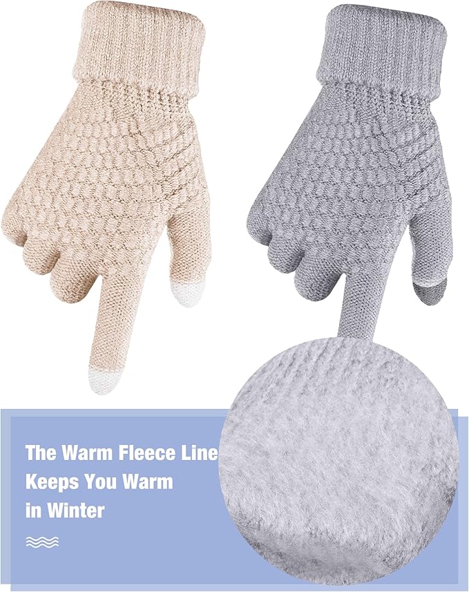 Geyoga 2 Pairs Women's Winter Touch Screen Gloves Soft Warm Fleece Lined Knit Elastic Cuff Winter Texting Gloves-BubblyBeeBaby