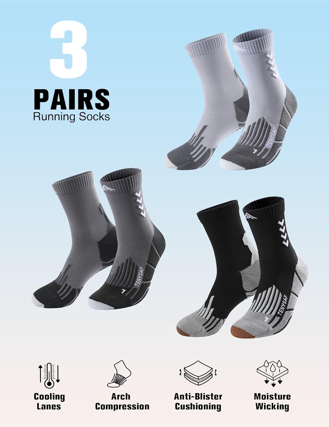 Compression Crew Running Socks: Athletic Socks for Men Women with Cushion,3 Pairs Work Hiking Basketball Sport Socks