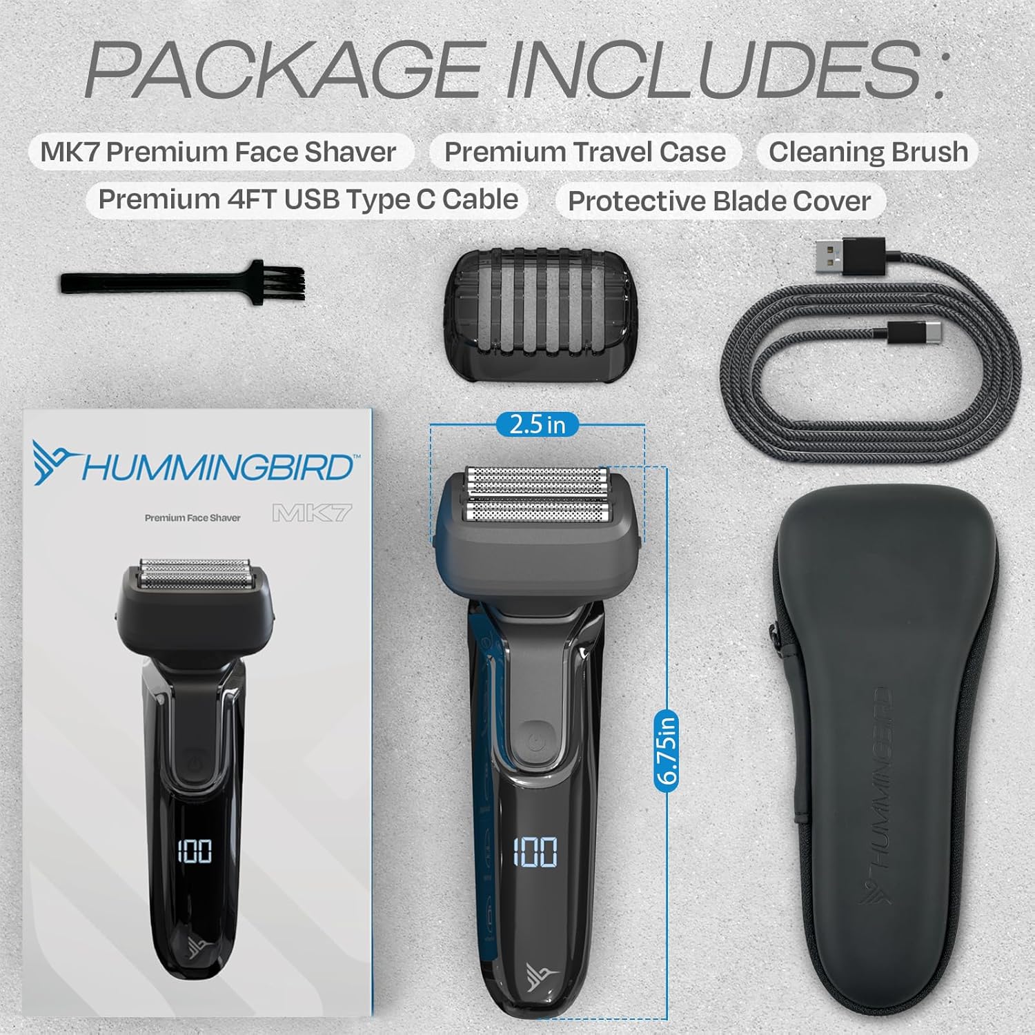 HUMMINGBIRD MK7 Premium Foil Face Shaver, Four Blade Foil Shaver with Long Hair Leveler, Electric Razor for Men, Waterproof Wet & Dry Shave, Cordless USB-C Rechargeable, LED Display, Travel Case