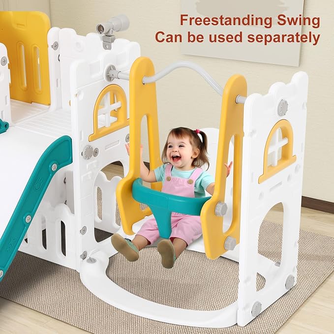 JOYLDIAS 10 in 1 Toddler Slide, Double Kid Climber Slide Playset w/Swing, Basketball Hoop, Telescope, Tunnel, Storage Space and Non-Slip Steps, Indoor Outdoor Backyard Playground Toy for Toddlers-BubblyBeeBaby