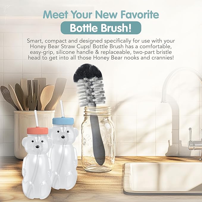 Honey Bear Straw Cup for Babies, 8oz Honey BearCup with Bottle Brush, 2-Pack Improved Lid Therapy Learning Honeybear Straw Cup for Baby Blueberry Pie & Firetruck-BubblyBeeBaby