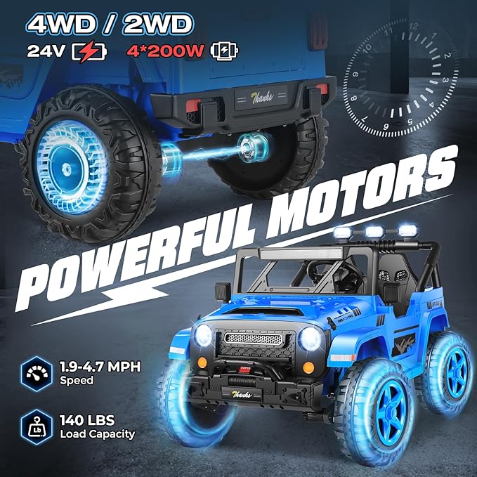Hikole 24V Kids Ride on Car - 2 Seater, 4WD/2WD Switch, 4x200W Motor, Remote Control, 3 Speeds, LED Lights, Safety Belt, Off-Road Electric Vehicles for Boys Girls, Blue-BubblyBeeBaby