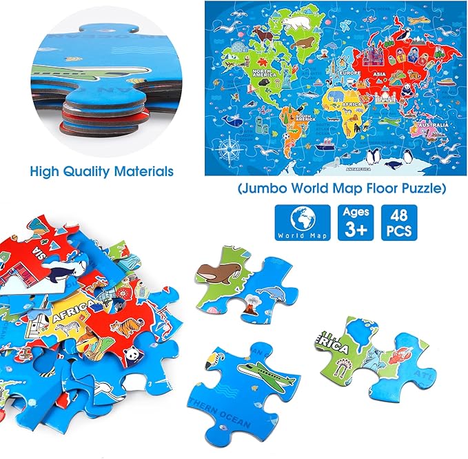 Jumbo Floor Puzzle for Kids,World Map Jigsaw Geography Puzzles,48 Piece Globe Atlas Puzzle with Continents,United States Puzzle for Ages 3-5,Preschool Learning Toys Gift for 4-8 Years Old-BubblyBeeBaby