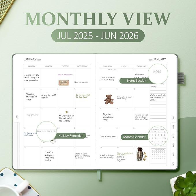 2025-2026 Planner for Women, Lather Weekly & Monthly Organizer, July 2025-June 2026, Hardcover with Gold Foil, Tabs, and Inspirational Pages - Ideal for Professionals, Green-BubblyBeeBaby