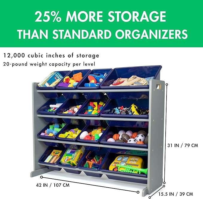 Humble Crew Supersized Toy Storage Organizer with 16 Removable Bins, Grey/Navy – Large Toy Storage for Toddlers Ideal for Kids' Rooms, Playrooms, and Nurseries - Modern Toy Bins for Kids-BubblyBeeBaby
