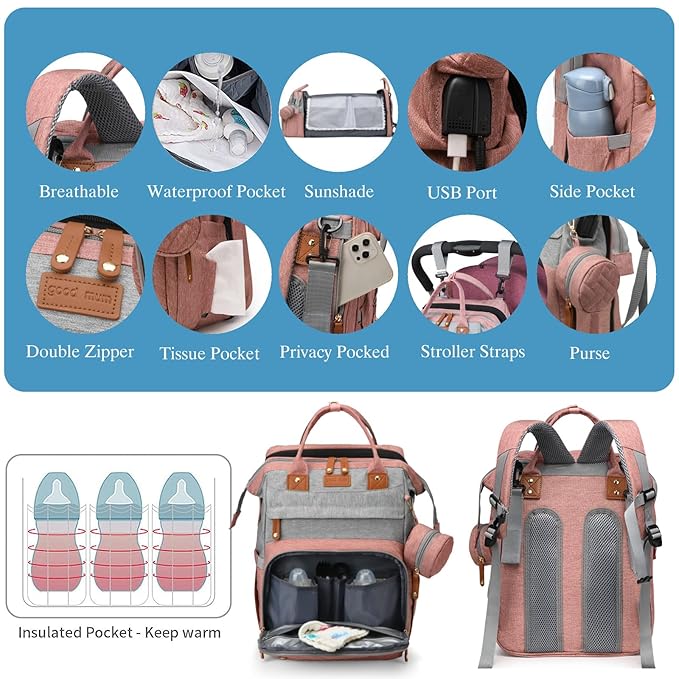 Jeryswet Baby Diaper Bags with Changing Station, Waterproof Large Capacity Diaper Bag Backpack for Moms Dads with USB Charging Port and Stroller Straps, Baby Shower Gifts, Pink-Grey-BubblyBeeBaby