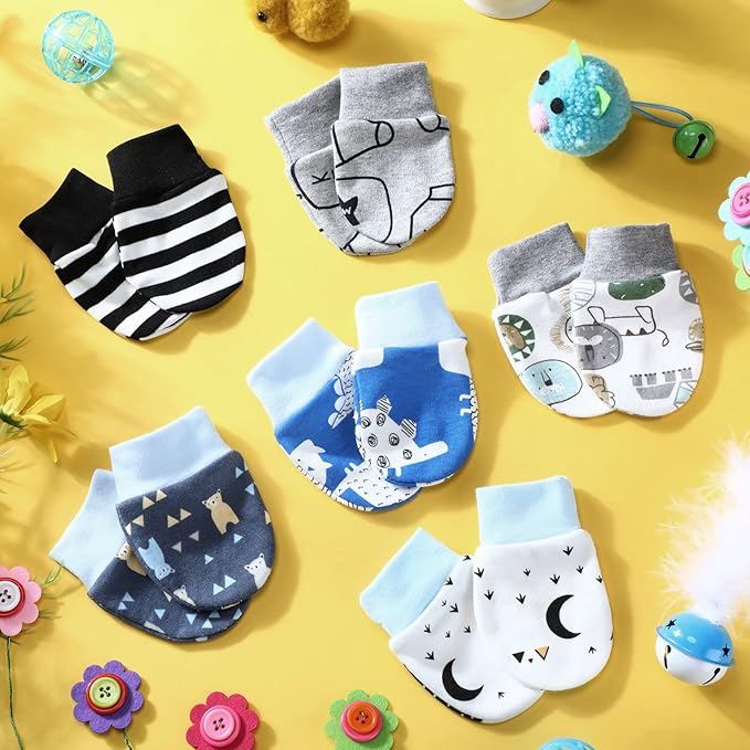 6 Pairs Newborn Baby Mittens No Scratch Gloves Infant Toddler Anti Scratch Essentials Unisex Cotton for 3-9 Months Girls Boys (Gray Series, Cool)-BubblyBeeBaby