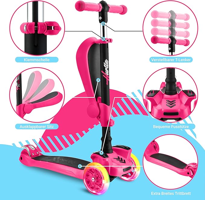 Hurtle 3-Wheeled Scooter for Kids - Wheel LED Lights, Adjustable Lean-to-Steer Handlebar, and Foldable Seat - Sit or Stand Ride with Brake for Boys and Girls Ages 1-14 Years Old-BubblyBeeBaby