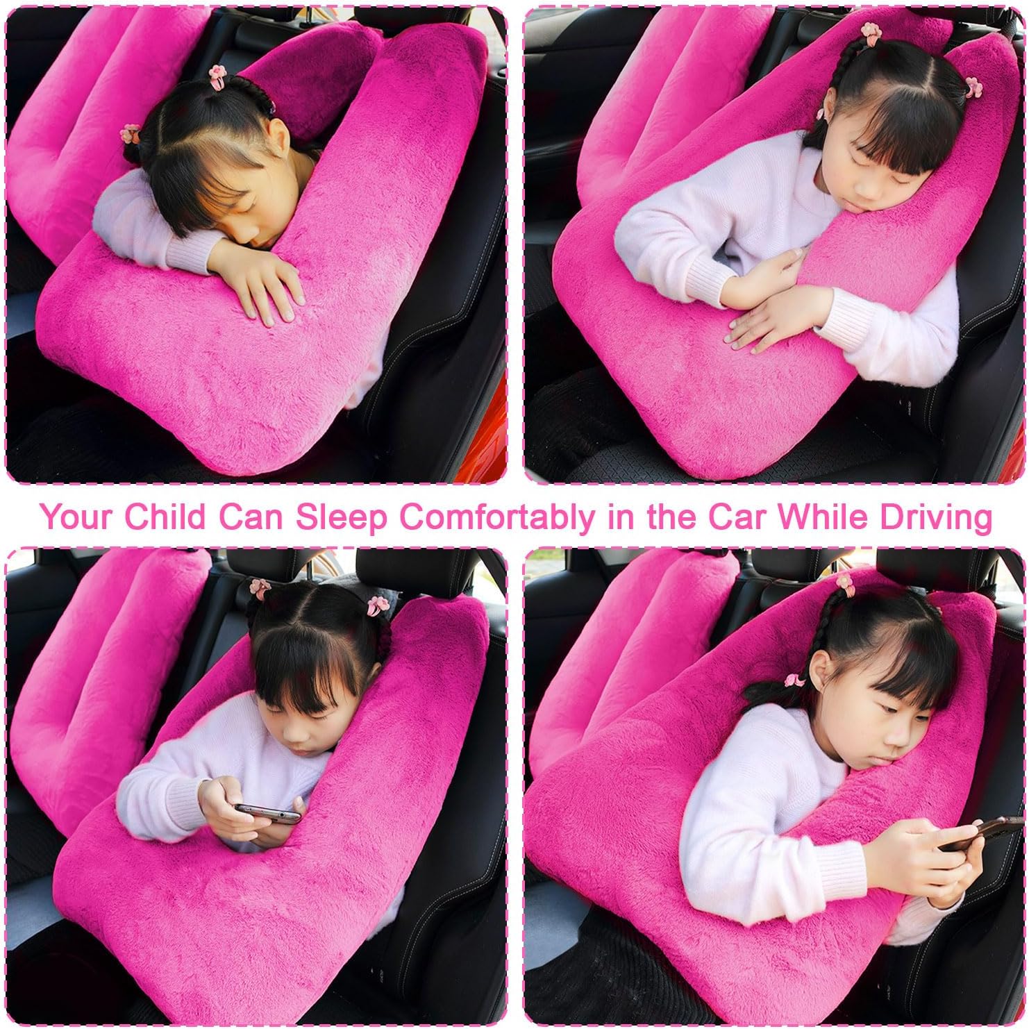 Travel Pillow, Travel Pillow for Kids, Sleeper Hold Pillow Travel, Removable U-Shaped Pillow for Adults and Children to Support Head and Body in The Back Seat of Long Car Trips (Rose Purple)