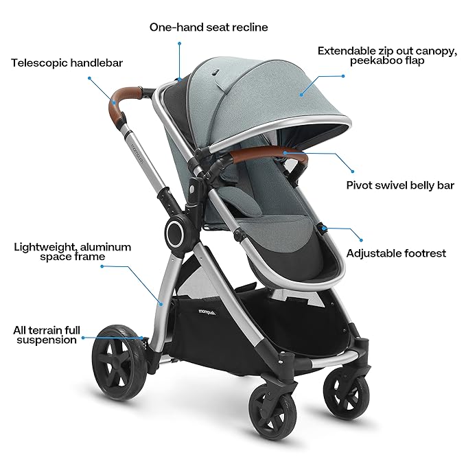 Mompush Ultimate 2 Baby Stroller for Infant and Toddler with Newborn Mode and Reversible Seat, All-Terrain Stroller with All-Wheel Suspension, Includes Car Seat Adapter and Large Storage Basket-BubblyBeeBaby