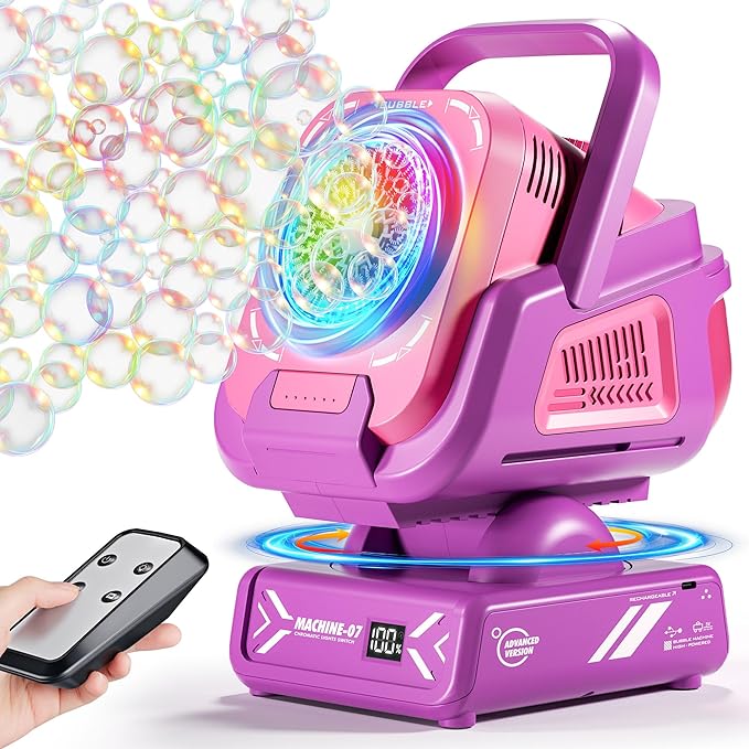 2025 Upgraded Bubble Machine with Remote Control, Automatic Rotation & RGB Lights, 1800mAh Rechargeable Battery, Type-C Charge, Bubble Maker for Kids, Weddings, Birthday Parties, Outdoor Activities-BubblyBeeBaby