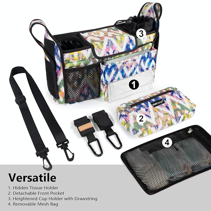TOPDesign Universal Baby Stroller Organizer Caddy with Detachable Mesh Bag & Heightened Insulated Cup Holders & Non-Slip Secure Hooks Accessories, Fits Most Strollers (Colorful)-BubblyBeeBaby