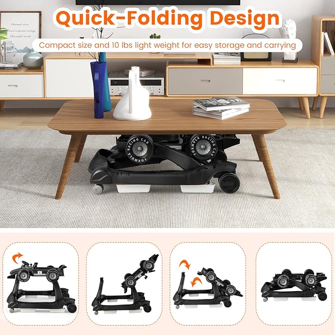 HONEY JOY 4-in-1 Baby Walker, Activity Push Walker w/3 Adjustable Heights, Smooth Wheels w/Adjustable Speed, Padded Seat, Music & Light, Foldable Car Walker for Baby Boys Girls Age 6 Months+ (Black)-BubblyBeeBaby