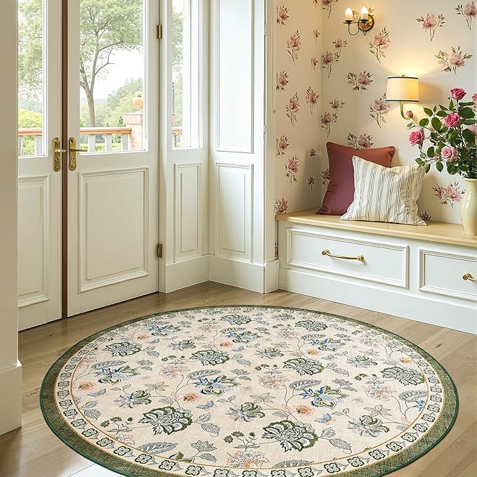 jinchan 6ft Floral Round Rug for Dining Room Washable Living Room Rug Vintage Romance Design Non Slip Indoor Floor Cover Lightweight Low-Profile Throw Carpet for Bedroom Porch Patio, Green/Beige-BubblyBeeBaby