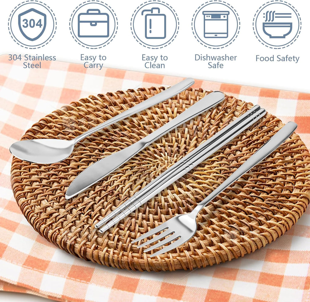 5 Piece Rsiynax Portable Travel Utensils Set with Case, Premium 304 Stainless Steel Camping Utensils Set, Reusable Silverware for Camping, Lunch, Work, School, etc, Easy to Clean (Silver)