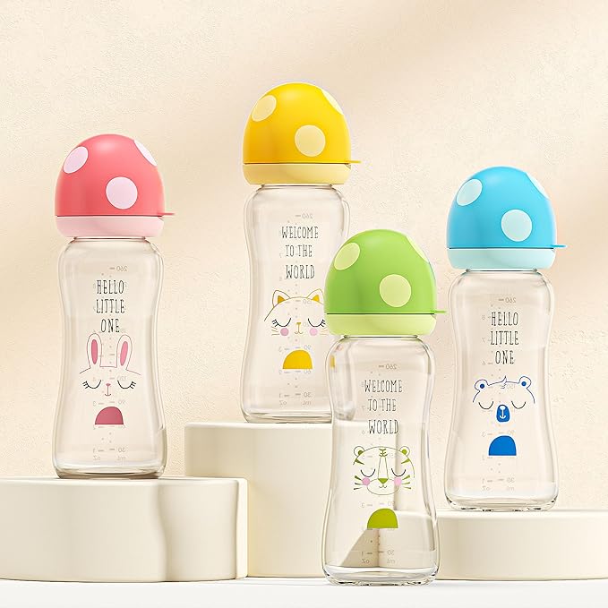 YOHKOH Natural Glass Baby Bottle with Natural Response Nipple, Newborn Anti-Colic Baby Bottles, Wide Neck Mushroom Cap Baby Bottle, Clear (8.8ounce (Pack of 4), Multicolour1)-BubblyBeeBaby
